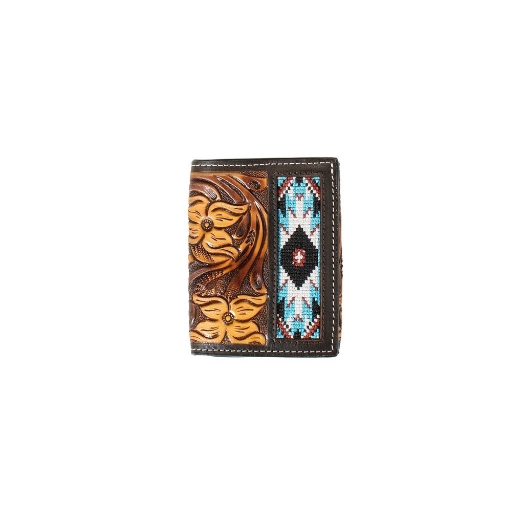 3D Western Wallet Mens Floral Tooled Inlay Trifold Brown D250011002 Image 1