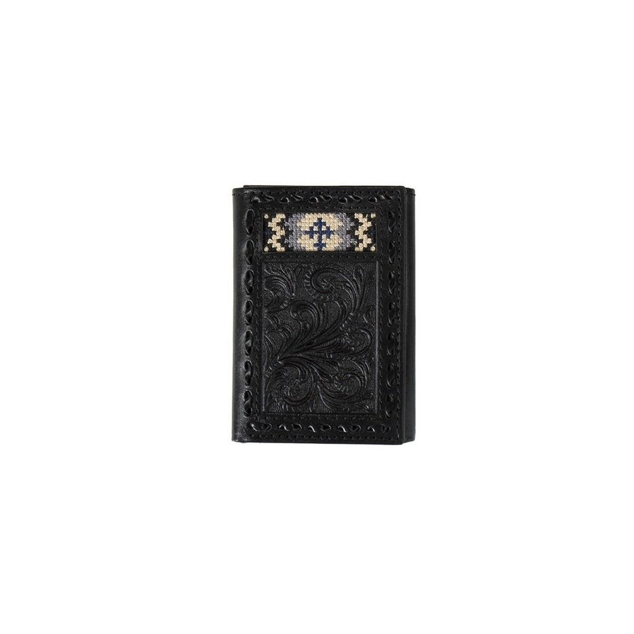 3D Western Wallet Mens Trifold Floral Embossed Cross Black D250007401 Image 1