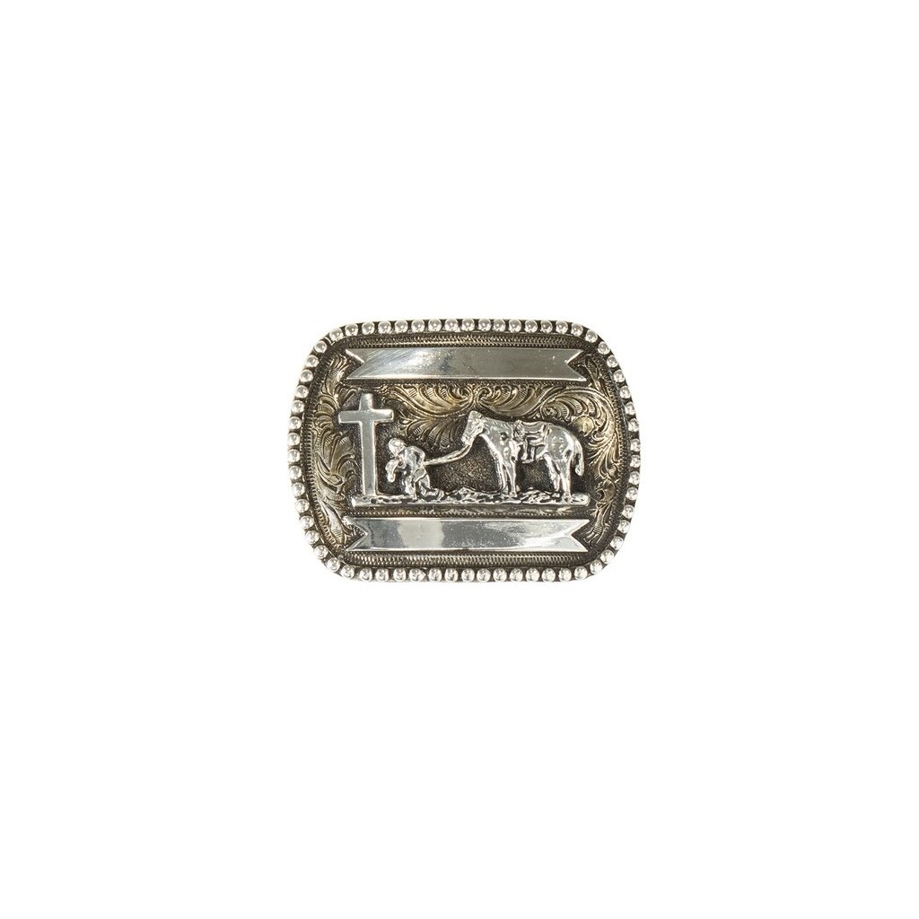 Crumrine Western Belt Buckle Praying Cowboy Antique Silver C10014 Image 1