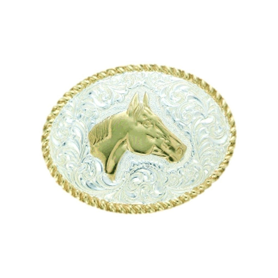 Crumrine Western Belt Buckle Horse Head Scrolling Silver Bronze C01168 Image 1