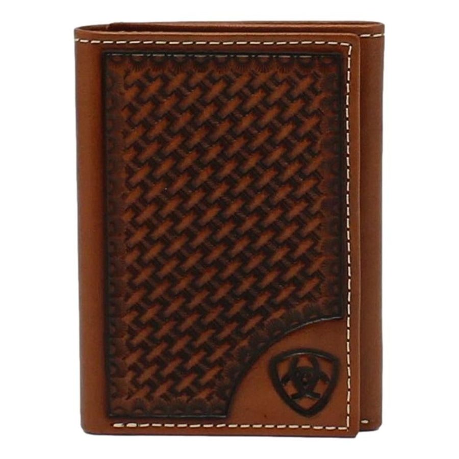 Ariat Western Wallet Mens Trifold Basketweave Shield Tan A3550408 Image 1