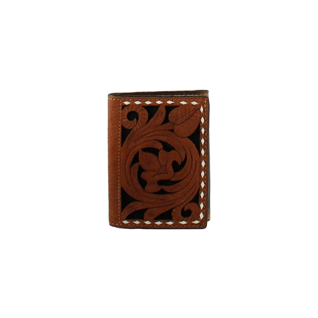 3D Western Wallet Mens Trifold Floral Filagree Inlay Brown D250006102 Image 1