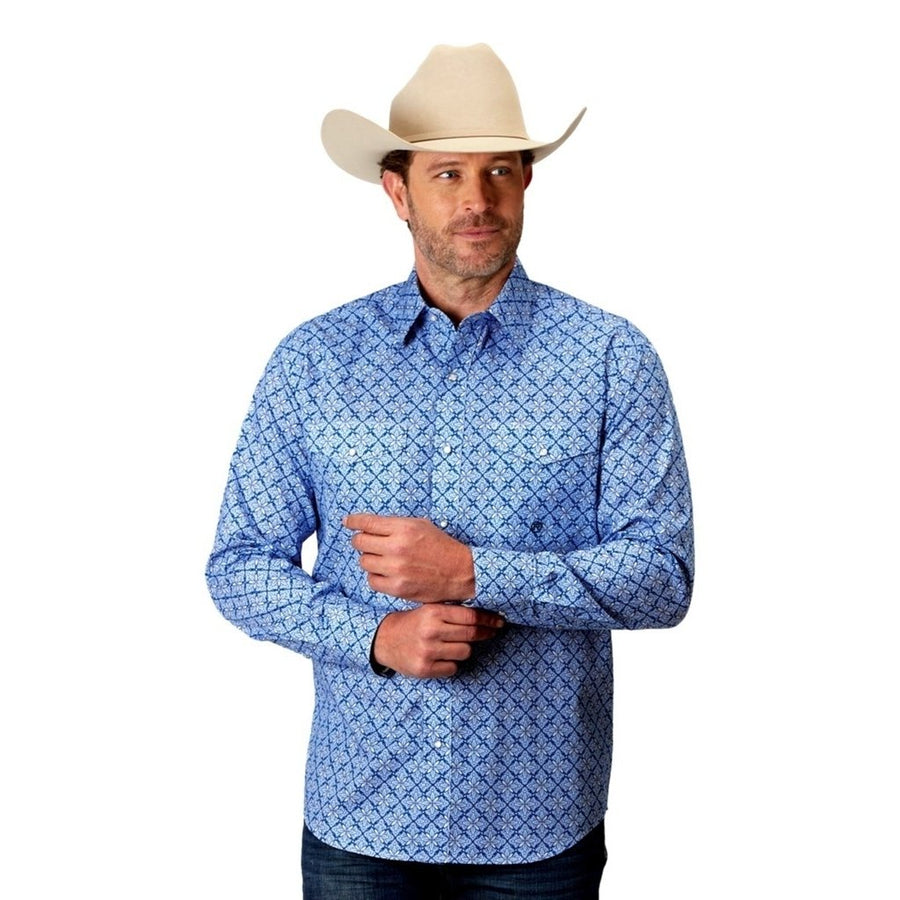 Roper Western Shirt Mens L/S Print Snap Blue 03-001-0225-2024 BU Image 1