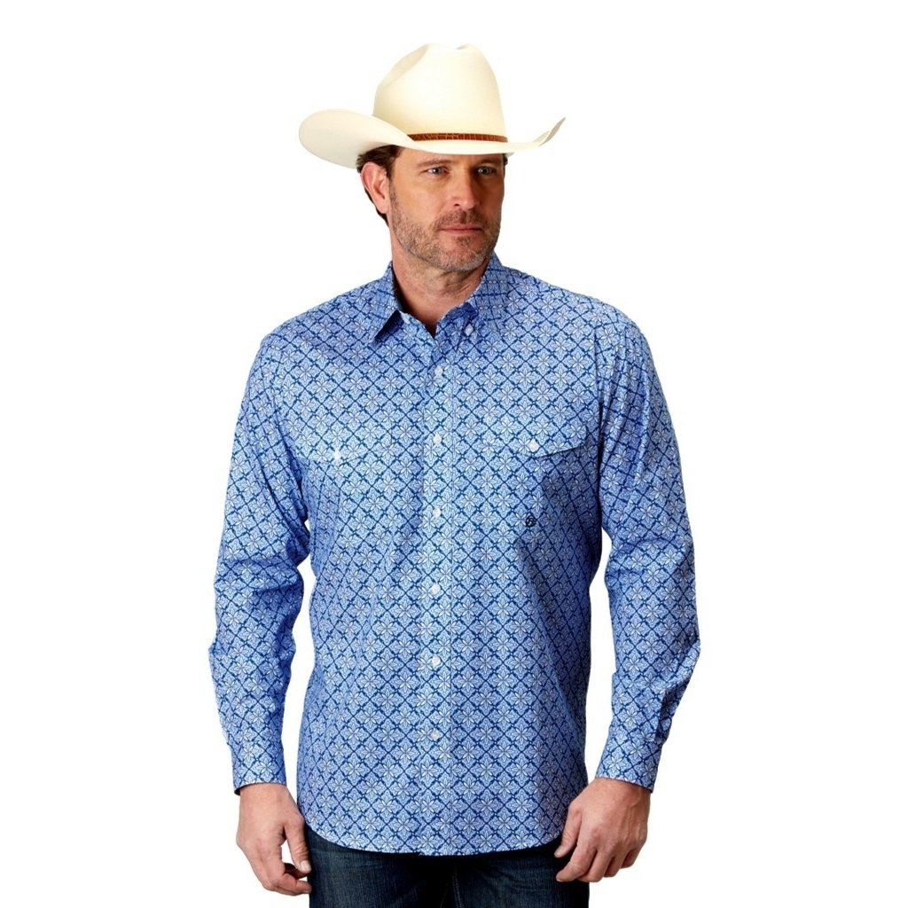 Roper Western Shirt Mens Print L/S Button Blue 03-001-0325-2024 BU Image 1