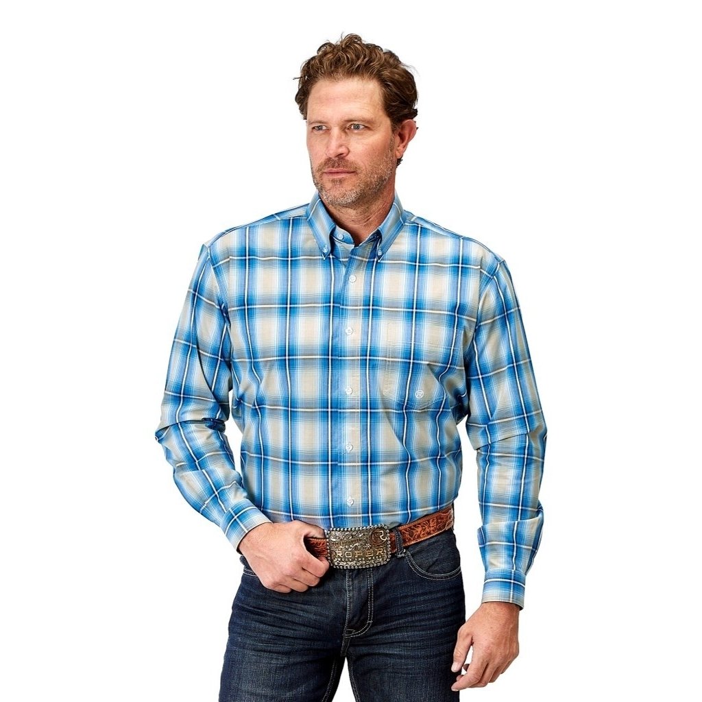 Roper Western Shirt Mens Plaid L/S Button Blue 03-001-0379-2098 BU Image 1