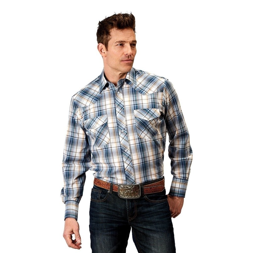 Roper Western Shirt Mens L/S Plaid Madras Blue 01-001-0101-3004 BU Image 1