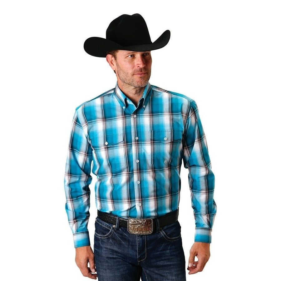 Roper Western Shirt Mens L/S Plaid Turquoise 03-001-0378-2087 BU Image 1