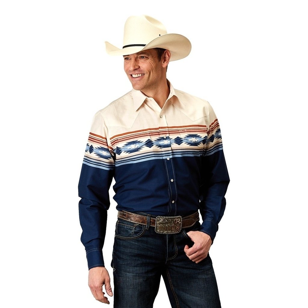 Roper Western Shirt Mens L/S Aztec Border Blue 03-001-0431-0307 BU Image 1