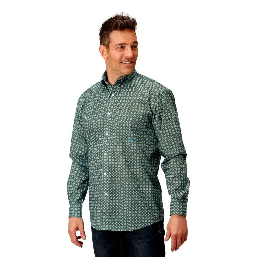 Roper Western Shirt Mens L/S Print Button Green 03-001-0326-4024 GR Image 1