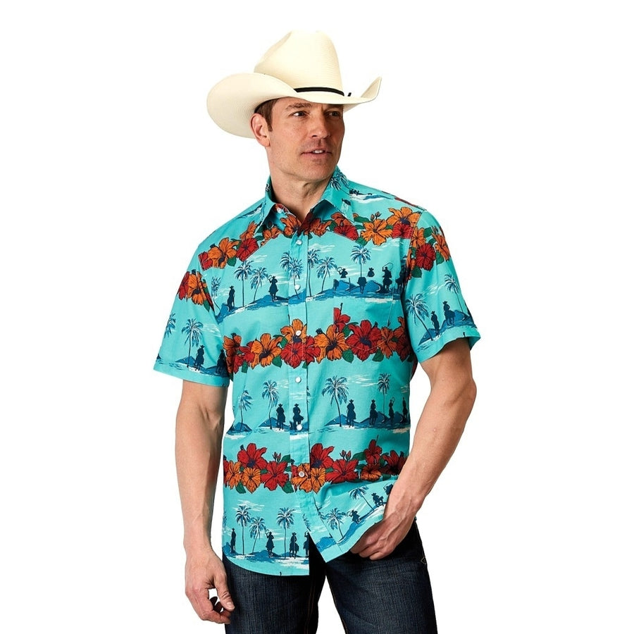 Roper Western Shirt Mens S/S Hawaiian Blue 03-002-0064-0318 BU Image 1