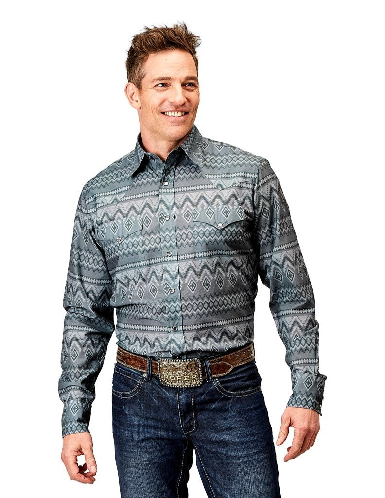 Roper Western Shirt Mens L/S Aztec Snap Gray 03-001-0067-0320 GY Image 1