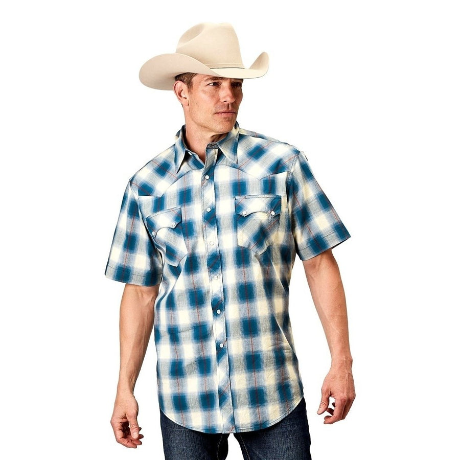 Roper Western Shirt Mens S/S Plaid Pearl Snap Blue 03-002-0062-0313 BU Image 1