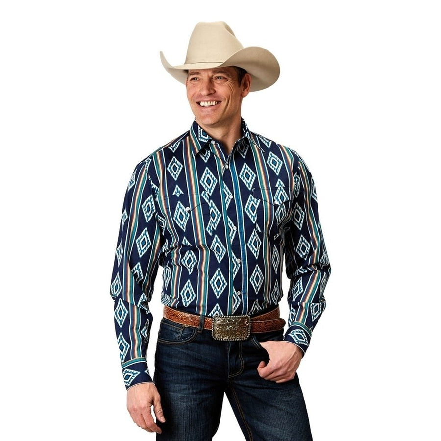 Roper Western Shirt Mens L/S Vintage Aztec Blue 03-001-0485-0310 BU Image 1