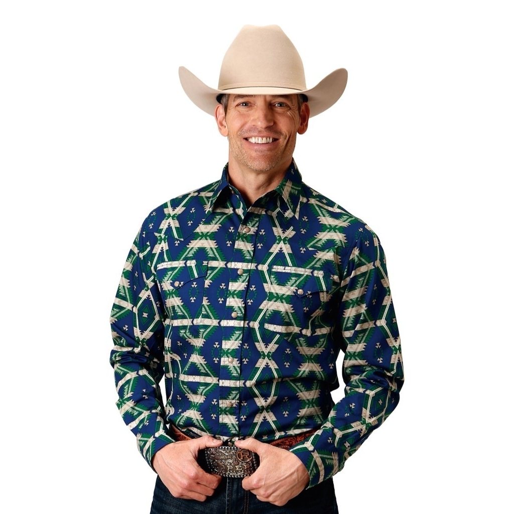 Roper Western Shirt Mens L/S Aztec Snap Blue 03-001-0482-0105 BU Image 1