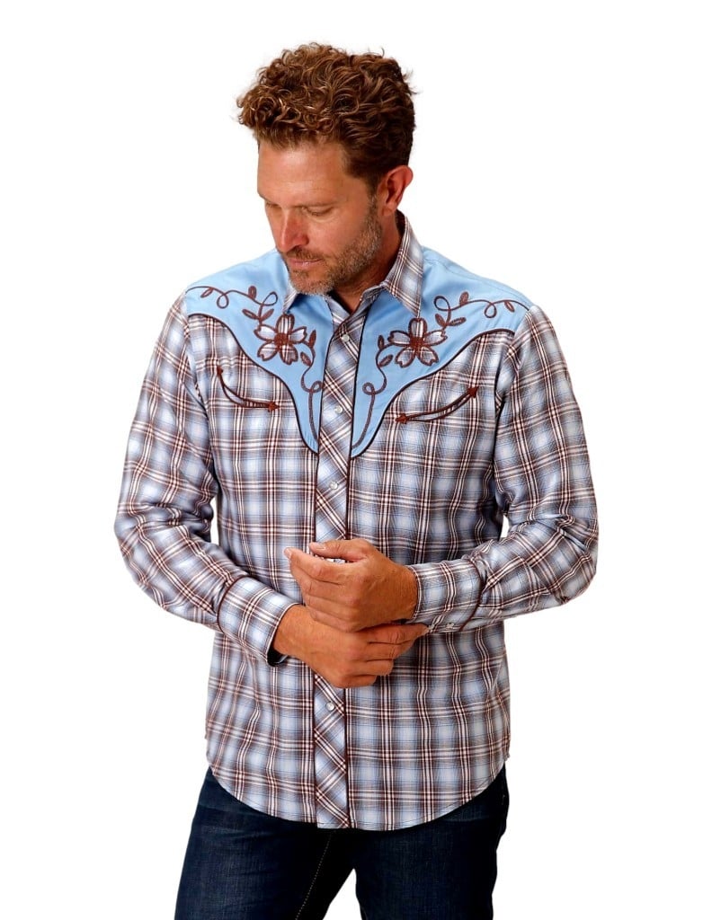 Roper Western Shirt Mens L/S Plaid Snap Blue 01-001-0024-0586 BU Image 1