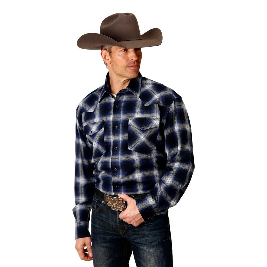 Roper Western Shirt Mens L/S Flannel Plaid Blue 03-001-0522-4696 BU Image 1