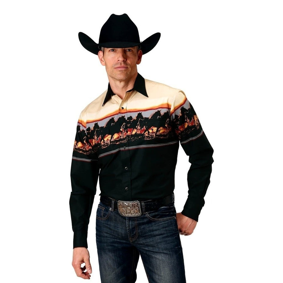 Roper Western Shirt Mens L/S Horse Border Black 03-001-0421-0106 BL Image 1