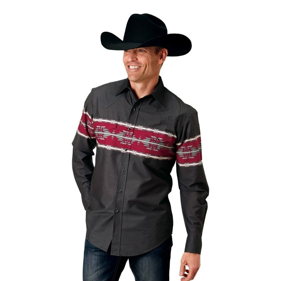 Roper Western Shirt Mens L/S Aztec Border Black 03-001-0431-0107 BL Image 1