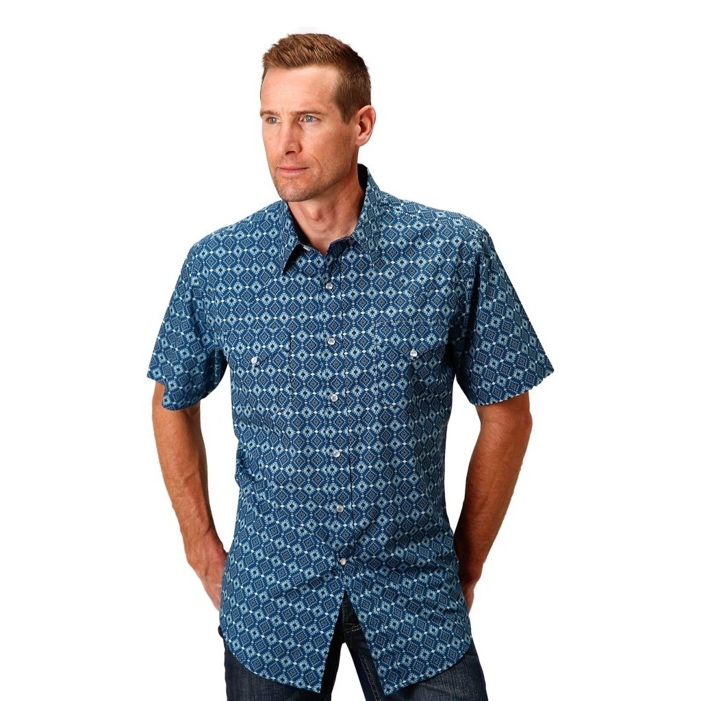 Roper Western Shirt Mens Short Sleeve Aztec Blue 03-002-0064-0309 BU Image 1