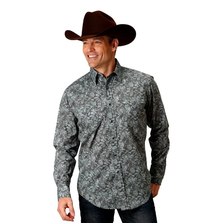 Roper Western Shirt Mens L/S Silver Vine Gray 03-001-0064-0308 GY Image 1