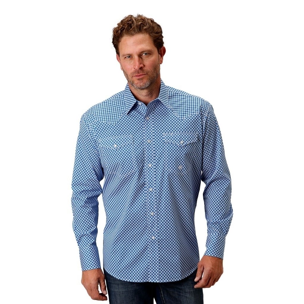 Roper Western Shirt Mens L/S Stretch Geo Blue 03-001-0225-2022 BU Image 1