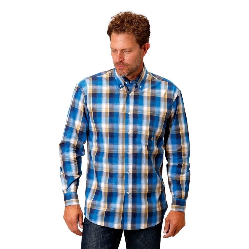 Roper Western Shirt Mens L/S Plaid Button Blue 03-001-0379-2088 BU Image 1