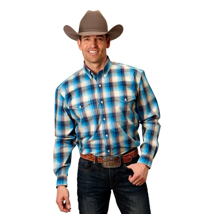 Roper Western Shirt Mens L/S Plaid Button Blue 03-001-0378-7028 BU Image 1