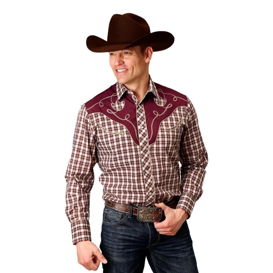 Roper Western Shirt Mens L/S Small Plaid Wine 01-001-0024-6073 WI Image 1