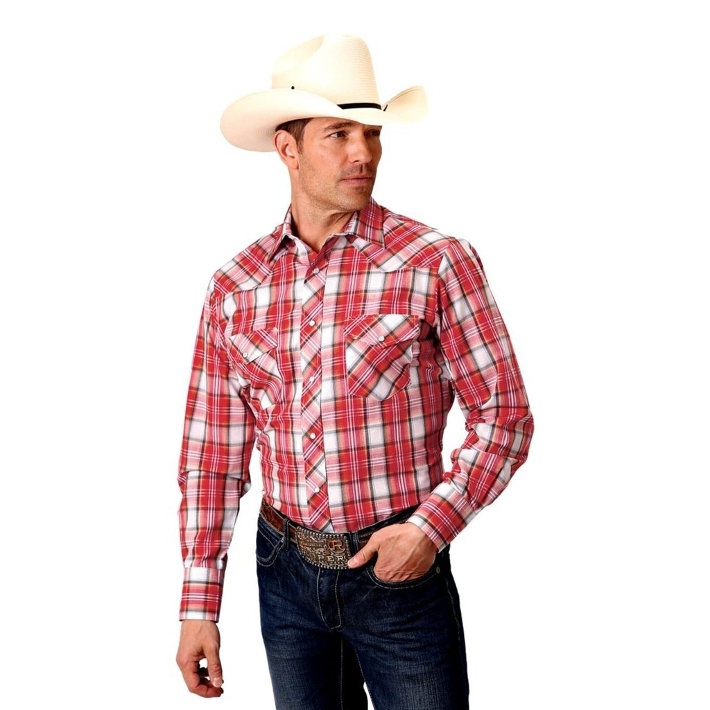 Roper Western Shirt Mens L/S Plaid Snap Orange 01-001-0101-4020 OR Image 1