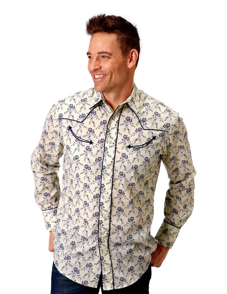 Roper Western Shirt Mens L/S Floral Snap Cream 01-001-0086-0441 WH Image 1