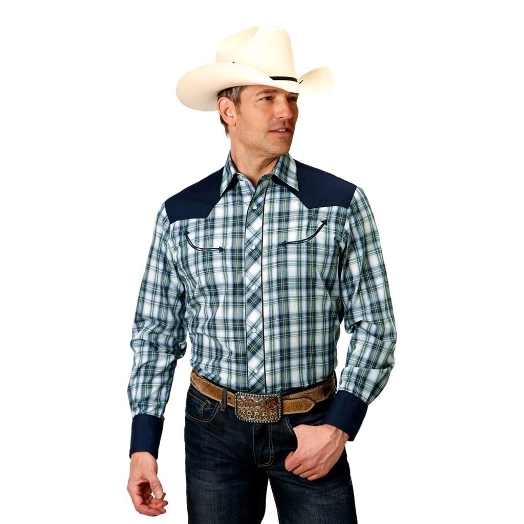 Roper Western Shirt Mens L/S Smile Pockets Green 01-001-0087-3052 GR Image 1