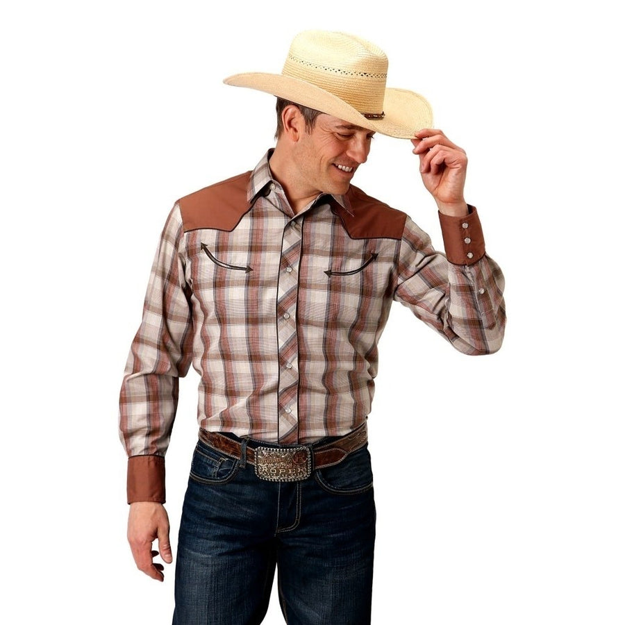 Roper Western Shirt Mens L/S Plaid Smile Brown 01-001-0087-3056 BR Image 1