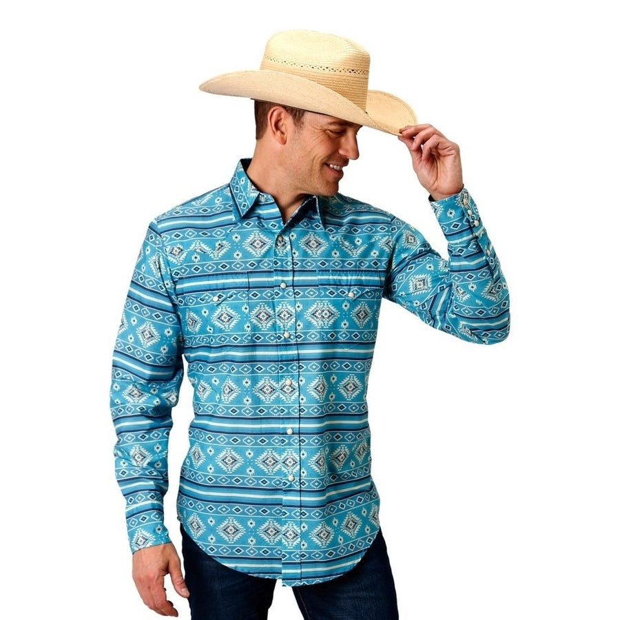 Roper Western Shirt Mens L/S Snap Aztec Blue 03-001-0067-4018 BU Image 1