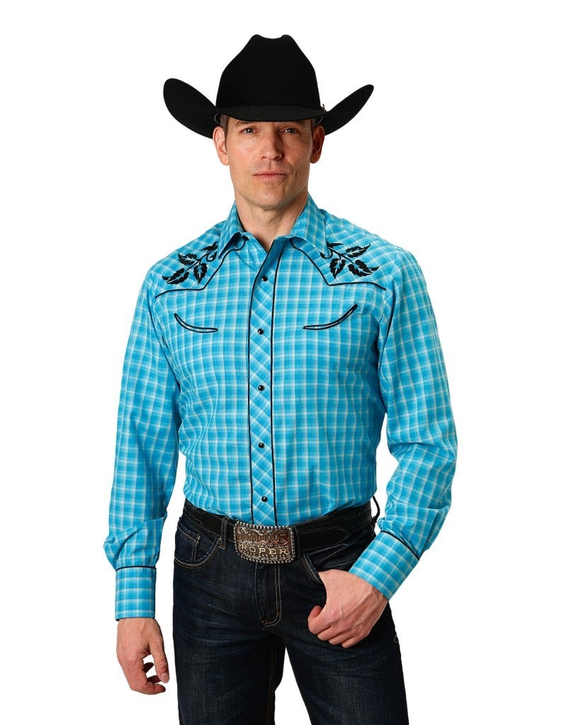 Roper Western Shirt Mens L/S Curved Yoke Blue 01-001-0016-3051 BU Image 1