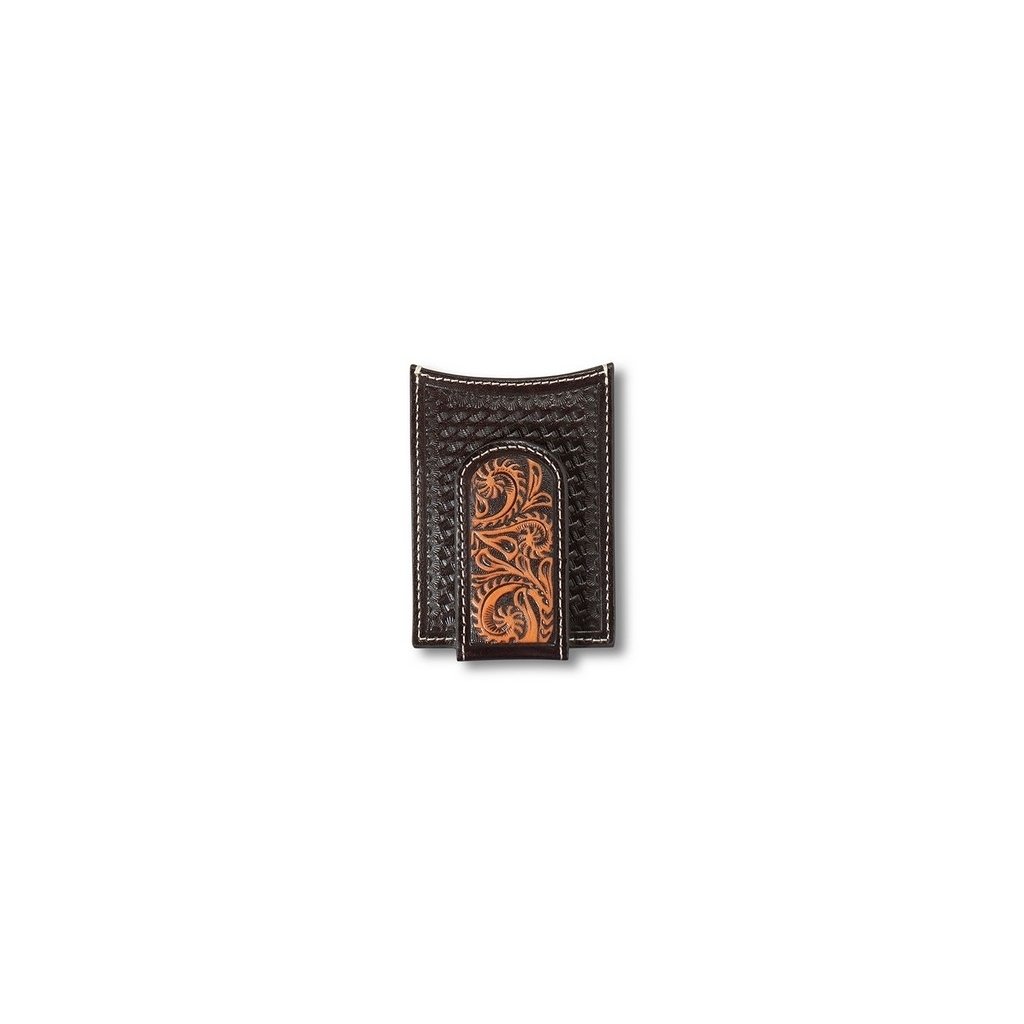 Ariat Western Money Clip Men Cross Floral Card Case Med Brown A3557444 Image 1