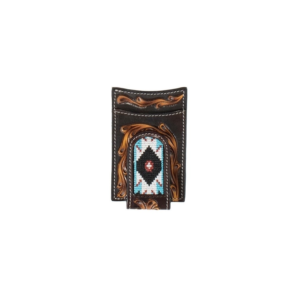 3D Western Money Clip Mens Floral Tooled Inlay Brown D250011102 Image 1