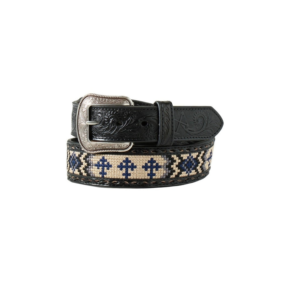 3D Western Belt Mens Aztec Pattern Cross Floral Tooled Blue D100112627 Image 1