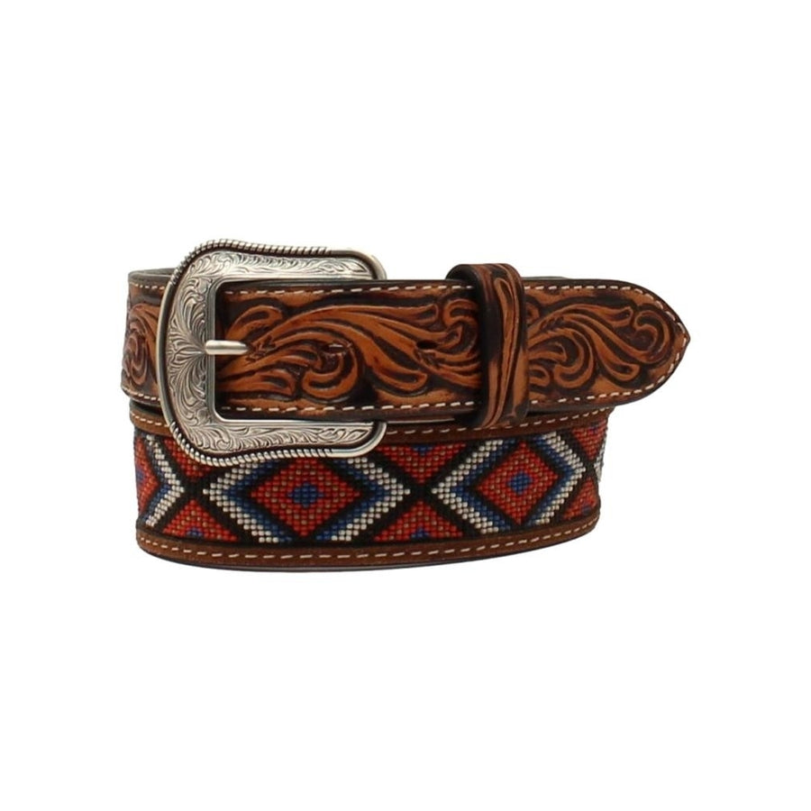 3D Western Belt Mens Tooled Tabs Beaded Inlay Diamond D100013308 Image 1