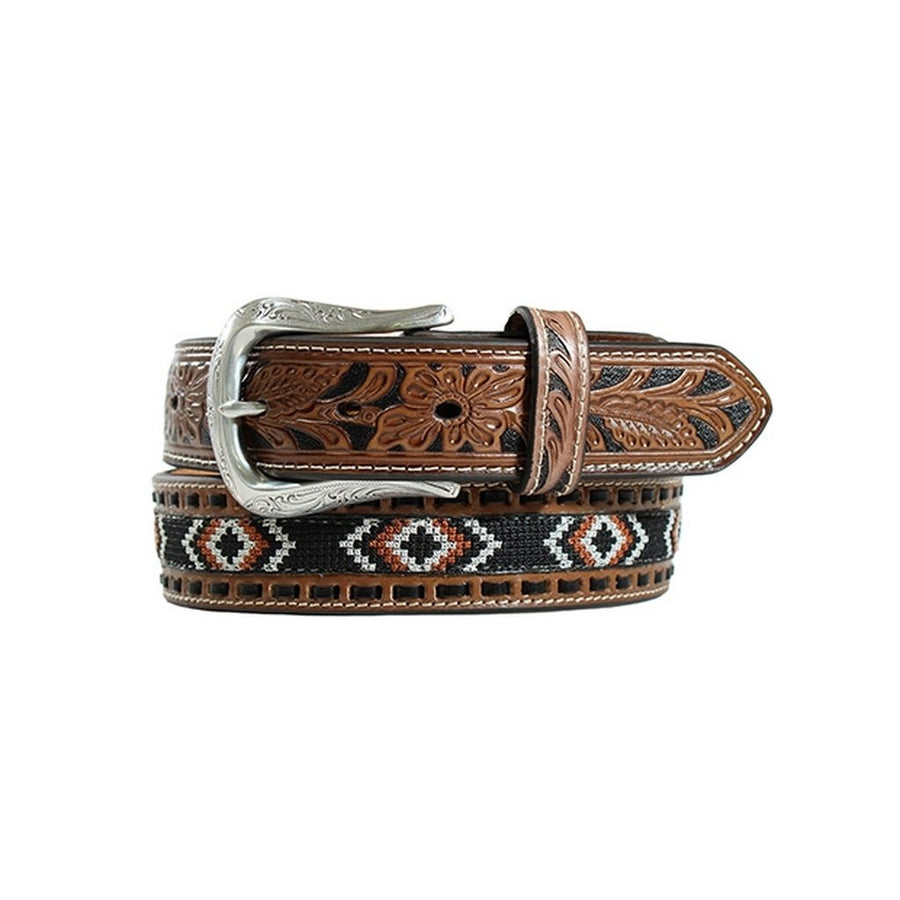 3D Western Belt Mens Beaded Tooled Vintage Marble Brown D100013502 Image 1