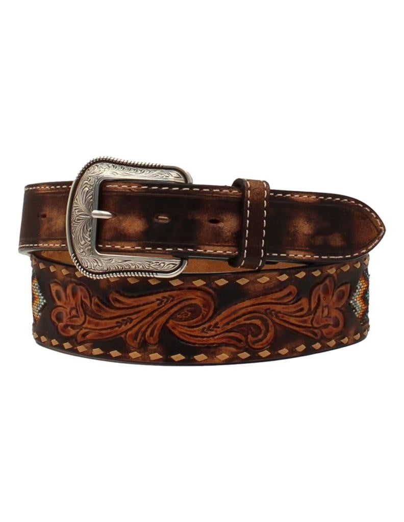 3D Western Belt Mens Floral Overlay Beaded Underlay Lacing D100013402 Image 1