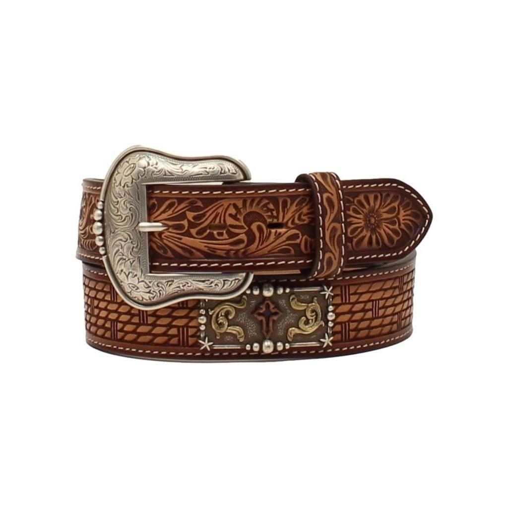 3D Western Belt Mens Floral Tabs Cross Concho Tooled D100013008 Image 1