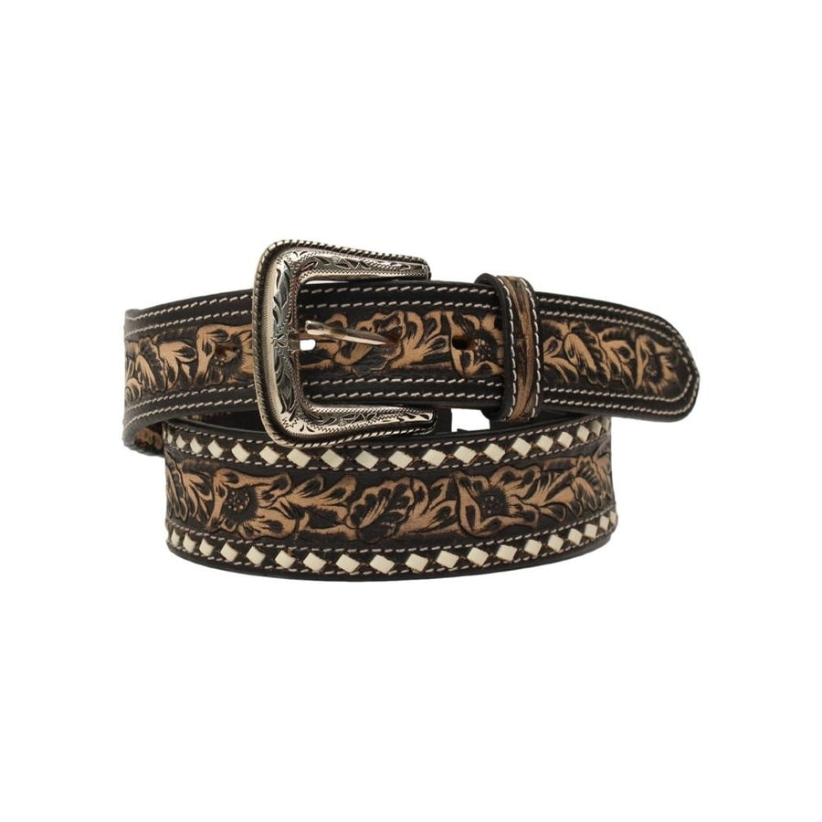 Nocona Western Belt Mens Tooled Floral Buck Lacing Black N210005801 Image 1