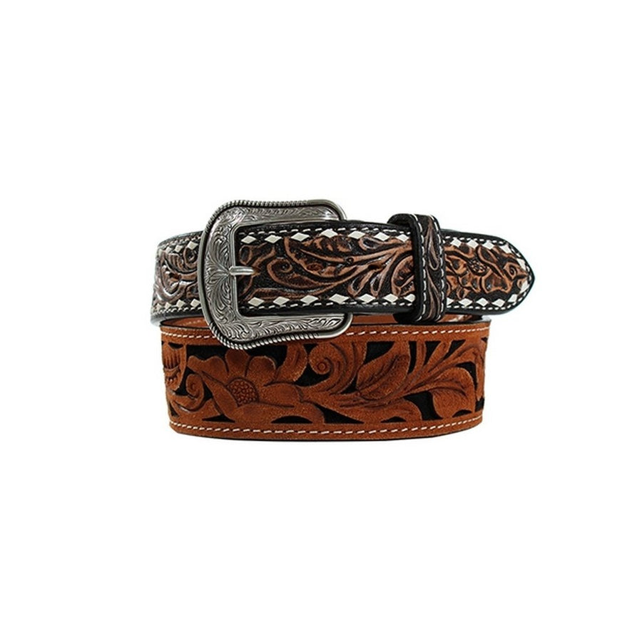 3D Western Belt Mens Tooled Floral Inlay Removable Buckle D100014702 Image 1