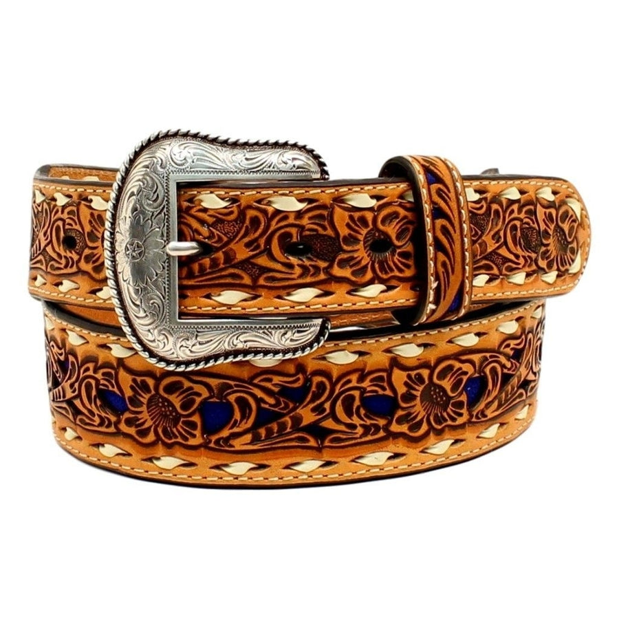 Nocona Western Belt Mens Inlay Floral Tooled Lacing Tan Blue N2498727 Image 1