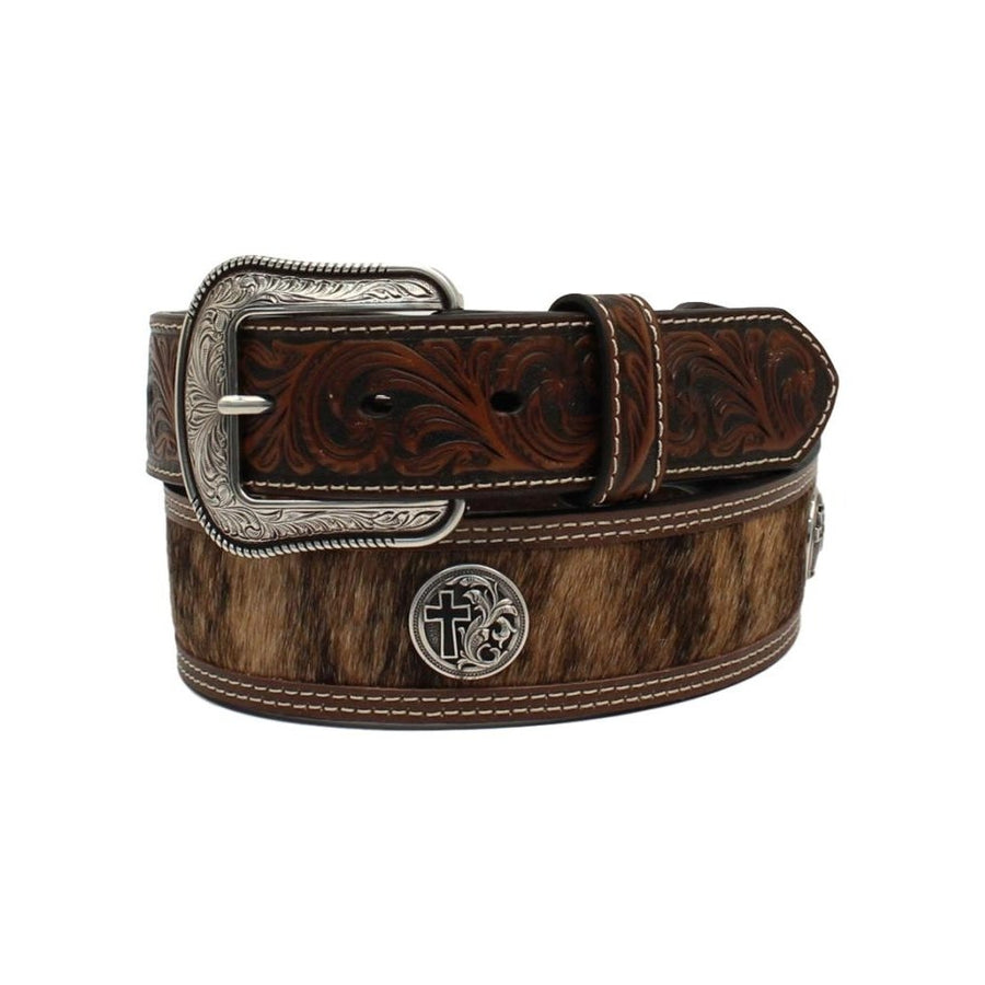 3D Western Belt Mens Calf Hair Concho Cross Floral Detail D100011302 Image 1