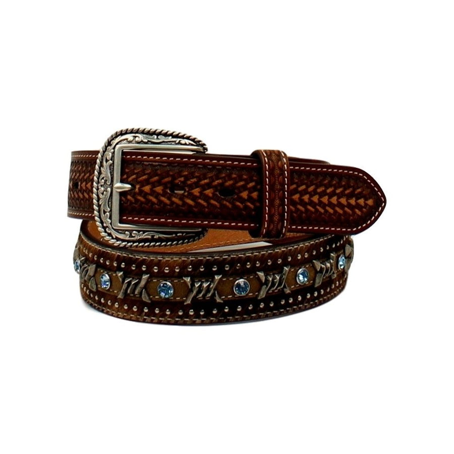 Ariat Western Belt Mens Rhinestone Hair Barbwire Lacing Brown A1027202 Image 1