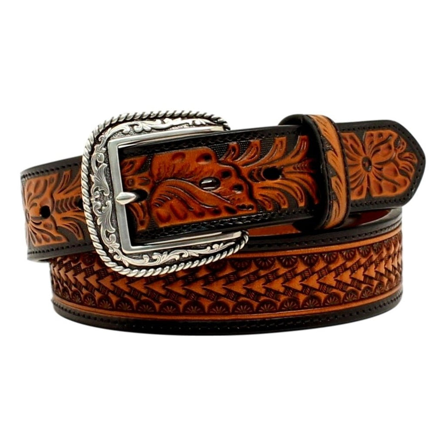 Ariat Western Belt Mens Tooled Floral Basket Weave Black Tan A1020867 Image 1