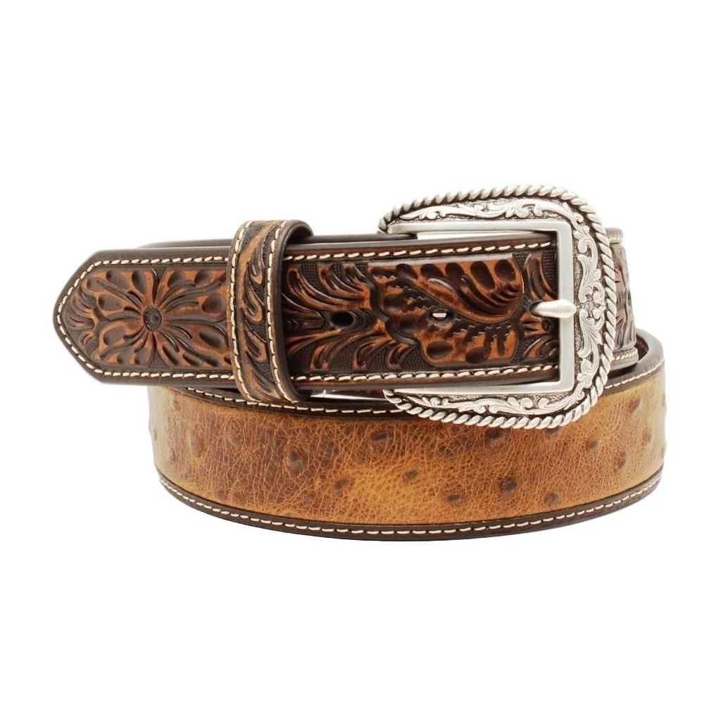 Ariat Western Belt Mens Faux Ostrich Tooled Leather Brown A1017202 Image 1