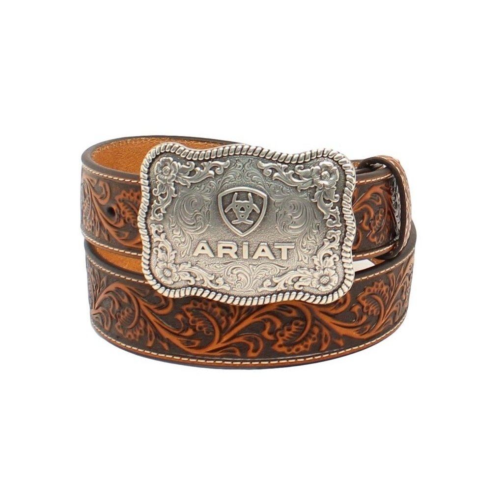 Ariat Western Belt Mens Embossed Logo Antique Black Tan A1020467 Image 1