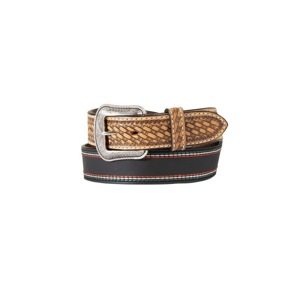 3D Western Belt Mens Mexico Flag Hand Tooled Basketweave D100016101 Image 1